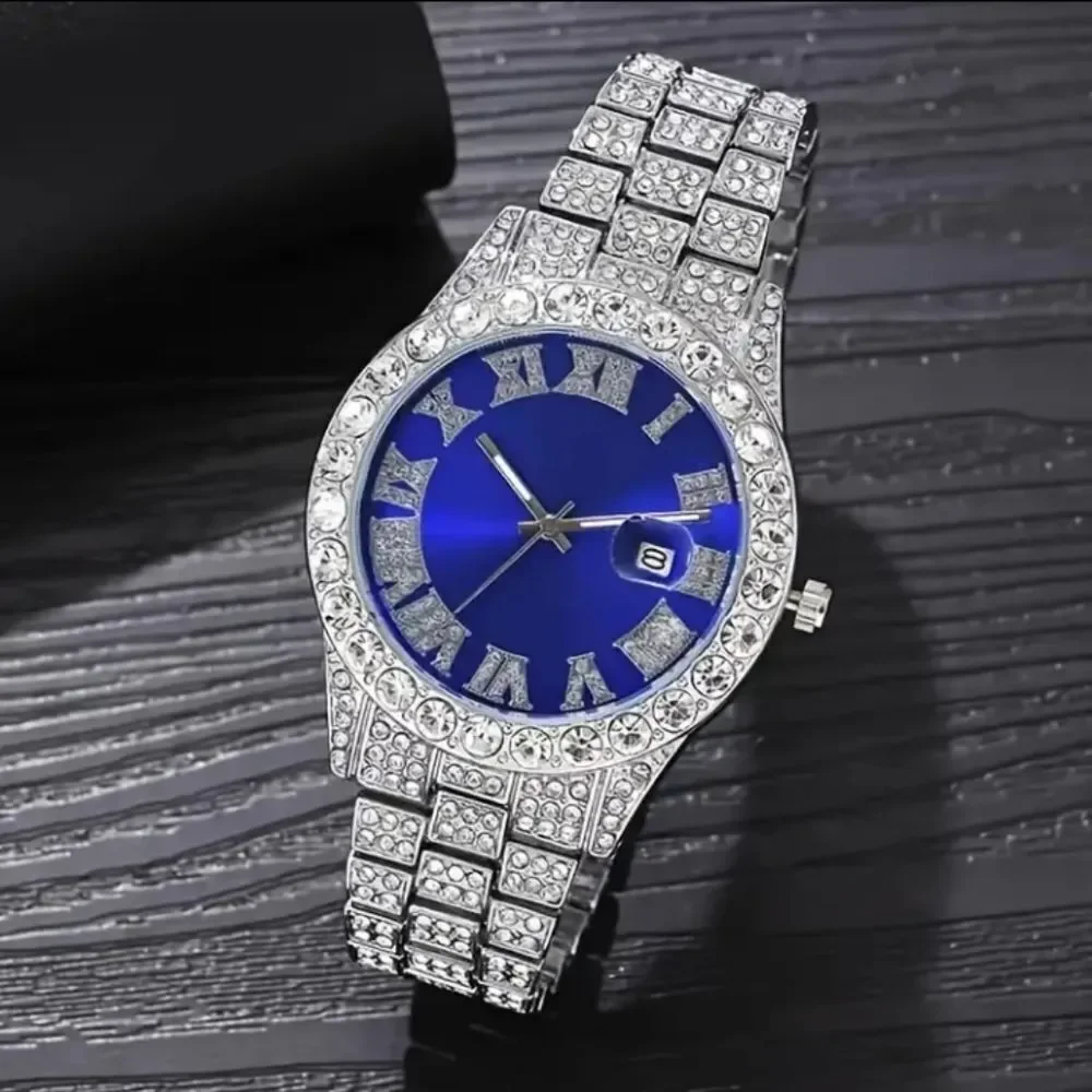 Mens Simulated Diamond Cuban Link With Blue Face Watch